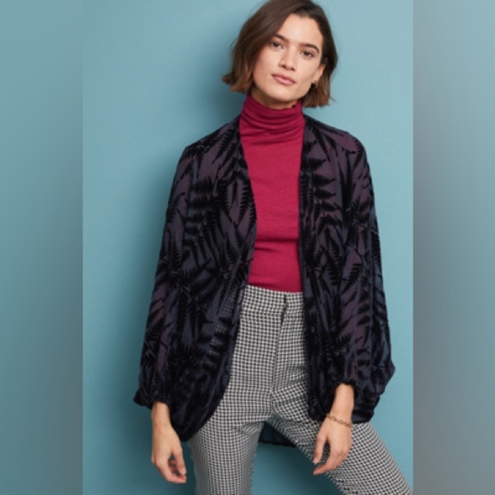 OS one size Anthropologie floreat velvet fern kimono sheer Black cardigan light